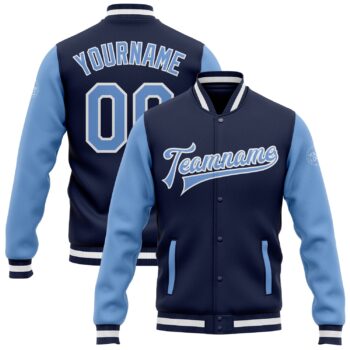 Custom Navy Light Blue White Bomber Full Snap Varsity Letterman Two Tone Jacket