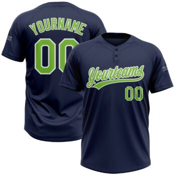 Custom Navy Neon Green White Two Button Unisex Softball Jersey