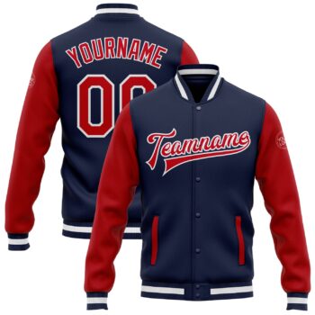 Custom Navy Red White Bomber Full Snap Varsity Letterman Two Tone Jacket