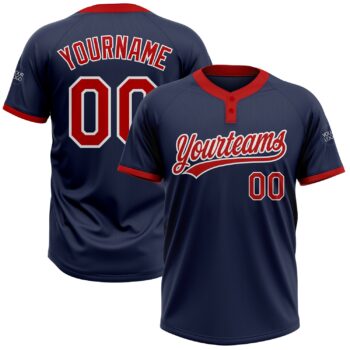 Custom Navy Red White Two Button Unisex Softball Jersey