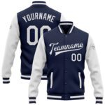 Custom Navy White Bomber Full Snap Varsity Letterman Two Tone Jacket