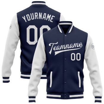 Custom Navy White Bomber Full Snap Varsity Letterman Two Tone Jacket