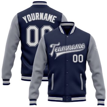Custom Navy White Gray Bomber Full Snap Varsity Letterman Two Tone Jacket