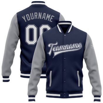 Custom Navy White Gray Bomber Full Snap Varsity Letterman Two Tone Jacket