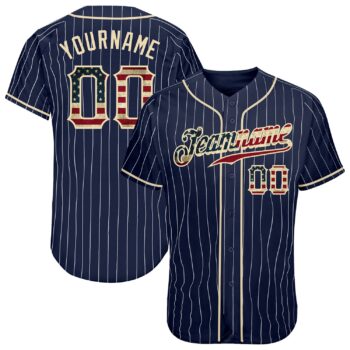 Custom Navy White Pinstripe Vintage Usa Flag Cream Authentic Baseball Jersey
