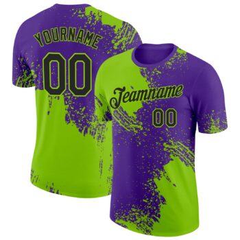 Custom Neon Green Black Purple 3d Pattern Design Abstract Brush Stroke Performance T Shirt