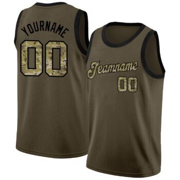 Custom Olive Camo Black Round Neck Rib Knit Salute To Service Basketball Jersey