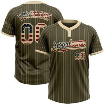 Custom Olive Cream Pinstripe Vintage Usa Flag Salute To Service Two Button Unisex Softball Jersey