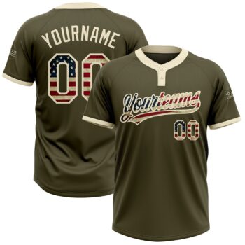 Custom Olive Vintage Usa Flag Cream Salute To Service Two Button Unisex Softball Jersey