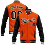 Custom Orange Black White Bomber Full Snap Varsity Letterman Two Tone Jacket