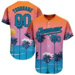 Custom Orange Teal Navy 3d Pattern Design Sun Beach Hawaii Palm Trees Authentic Baseball Jersey