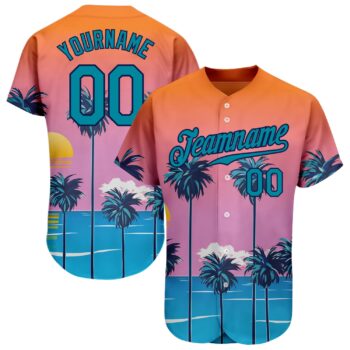 Custom Orange Teal Navy 3d Pattern Design Sun Beach Hawaii Palm Trees Authentic Baseball Jersey