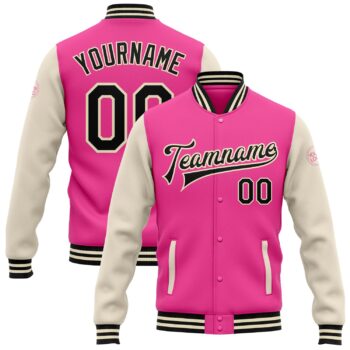 Custom Pink Black Cream Bomber Full Snap Varsity Letterman Two Tone Jacket
