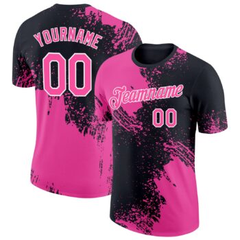 Custom Pink Black White 3d Pattern Design Abstract Brush Stroke Performance T Shirt