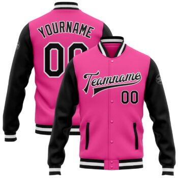 Custom Pink Black White Bomber Full Snap Varsity Letterman Two Tone Jacket
