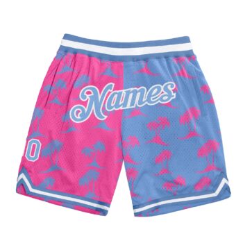 Custom Pink Light Blue White 3d Pattern Design Palm Trees Authentic Basketball Shorts