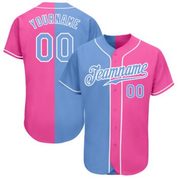 Custom Pink Light Blue White Authentic Split Fashion Baseball Jersey