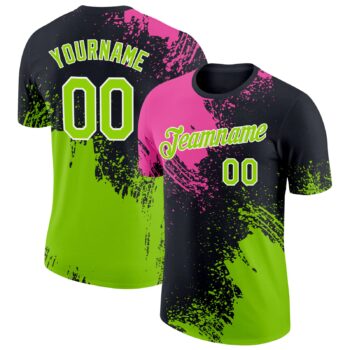 Custom Pink Neon Green Black 3d Pattern Design Abstract Brush Stroke Performance T Shirt