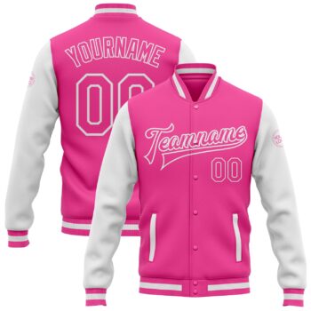 Custom Pink Pink White Bomber Full Snap Varsity Letterman Two Tone Jacket