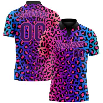 Custom Pink Purple Black 3d Pattern Design Leopard Print Performance Golf Polo Shirt