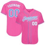 Custom Pink White Pinstripe Light Blue White Authentic Baseball Jersey