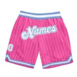 Custom Pink White Pinstripe White Light Blue Authentic Basketball Shorts