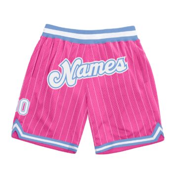 Custom Pink White Pinstripe White Light Blue Authentic Basketball Shorts