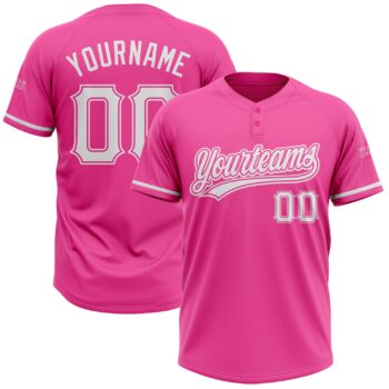 Custom Pink White Two Button Unisex Softball Jersey
