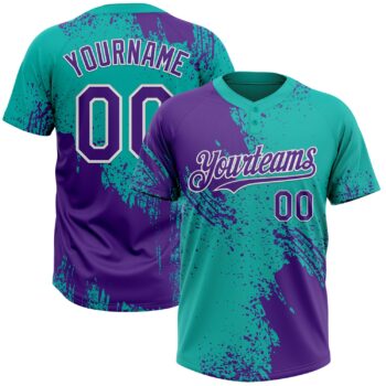 Custom Purple Aqua White 3d Pattern Abstract Brush Stroke Two Button Unisex Softball Jersey
