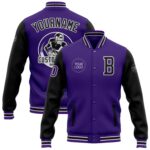 Custom Purple Black Bomber Full Snap Varsity Letterman Two Tone Jacket