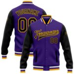 Custom Purple Black Gold Bomber Full Snap Varsity Letterman Two Tone Jacket