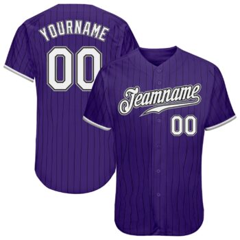 Custom Purple Black Pinstripe White Gray Authentic Baseball Jersey