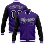 Custom Purple Black White Bomber Full Snap Varsity Letterman Two Tone Jacket