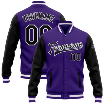 Custom Purple Black White Bomber Full Snap Varsity Letterman Two Tone Jacket