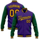 Custom Purple Gold Kelly Green Bomber Full Snap Varsity Letterman Two Tone Jacket