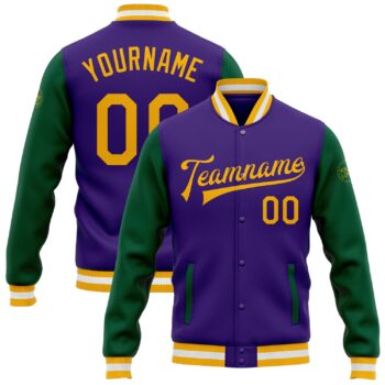 Custom Purple Gold Kelly Green Bomber Full Snap Varsity Letterman Two Tone Jacket