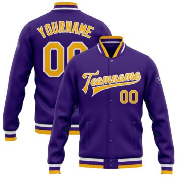Custom Purple Gold White Bomber Full Snap Varsity Letterman Jacket