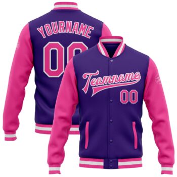Custom Purple Pink White Bomber Full Snap Varsity Letterman Two Tone Jacket