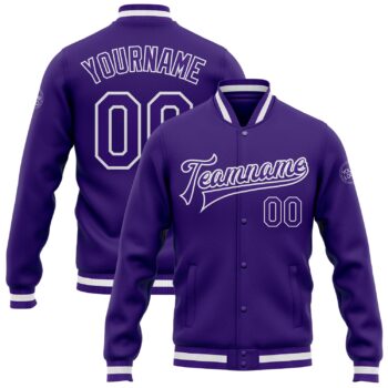 Custom Purple Purple White Bomber Full Snap Varsity Letterman Jacket