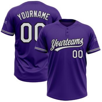 Custom Purple White Black Two Button Unisex Softball Jersey