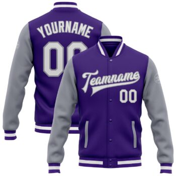 Custom Purple White Gray Bomber Full Snap Varsity Letterman Two Tone Jacket