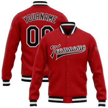 Custom Red Black White Bomber Full Snap Varsity Letterman Jacket