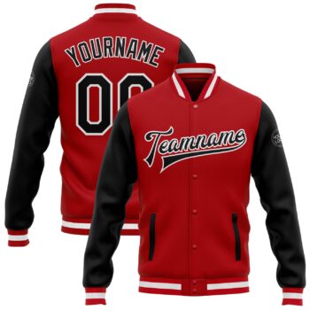 Custom Red Black White Bomber Full Snap Varsity Letterman Two Tone Jacket