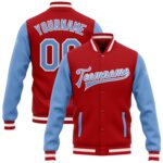 Custom Red Light Blue White Bomber Full Snap Varsity Letterman Two Tone Jacket