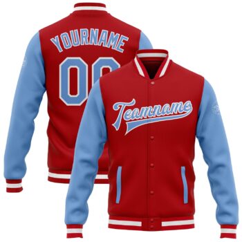 Custom Red Light Blue White Bomber Full Snap Varsity Letterman Two Tone Jacket