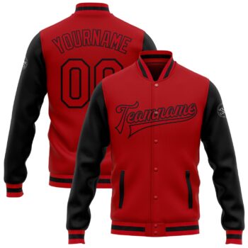 Custom Red Red Black Bomber Full Snap Varsity Letterman Two Tone Jacket