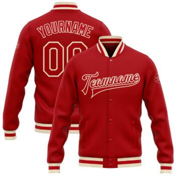 Custom Red Red Cream Bomber Full Snap Varsity Letterman Jacket