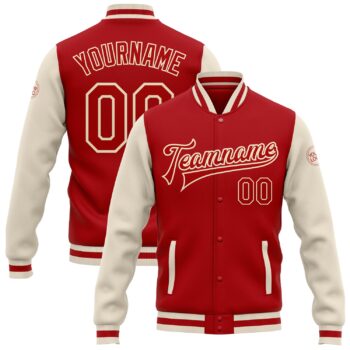 Custom Red Red Cream Bomber Full Snap Varsity Letterman Two Tone Jacket