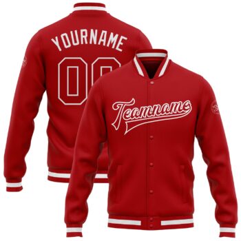 Custom Red Red White Bomber Full Snap Varsity Letterman Jacket