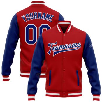 Custom Red Royal White Bomber Full Snap Varsity Letterman Two Tone Jacket